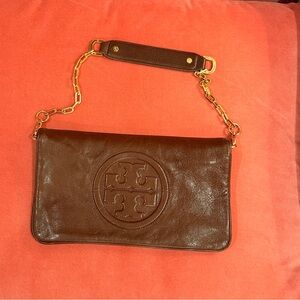 Tory Burch Brown Leather Clutch with Gold Chain